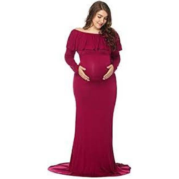 Maternity Red Long Sleeve Ruffle Neckline Dress Size Large - Picture 1 of 8